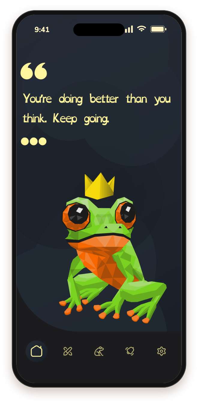 Froggy in dark mode, wearing the crown.