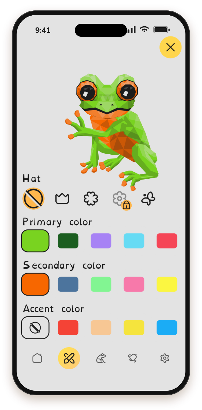 Personalisation screen: Froggy's hat plus his primary, secondary and accent colors.