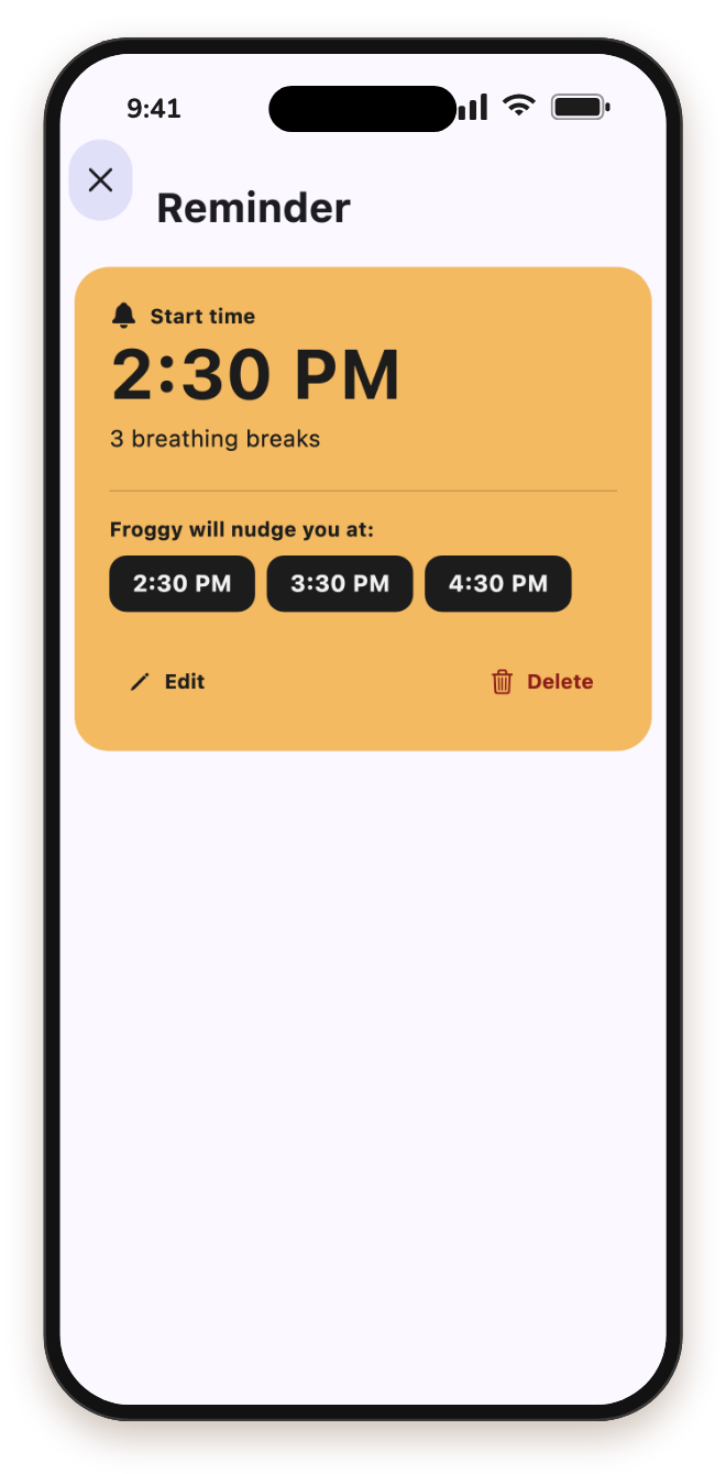 Reminder screen: a start time and three breathing breaks, an hour apart.