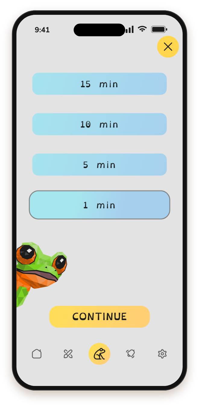 Session length picker: 1, 5, 10 or 15 minutes.